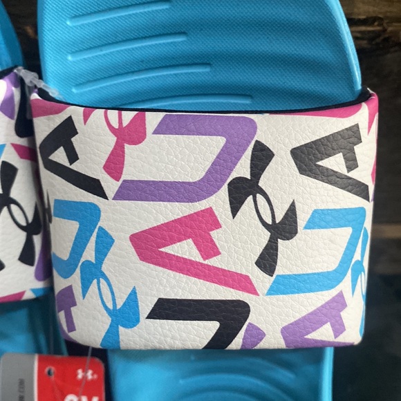 Under Armour Ansa Graphic Youth Girl Slide Sandals Size 2 Blue, White NWT  pink - Picture 3 of 5